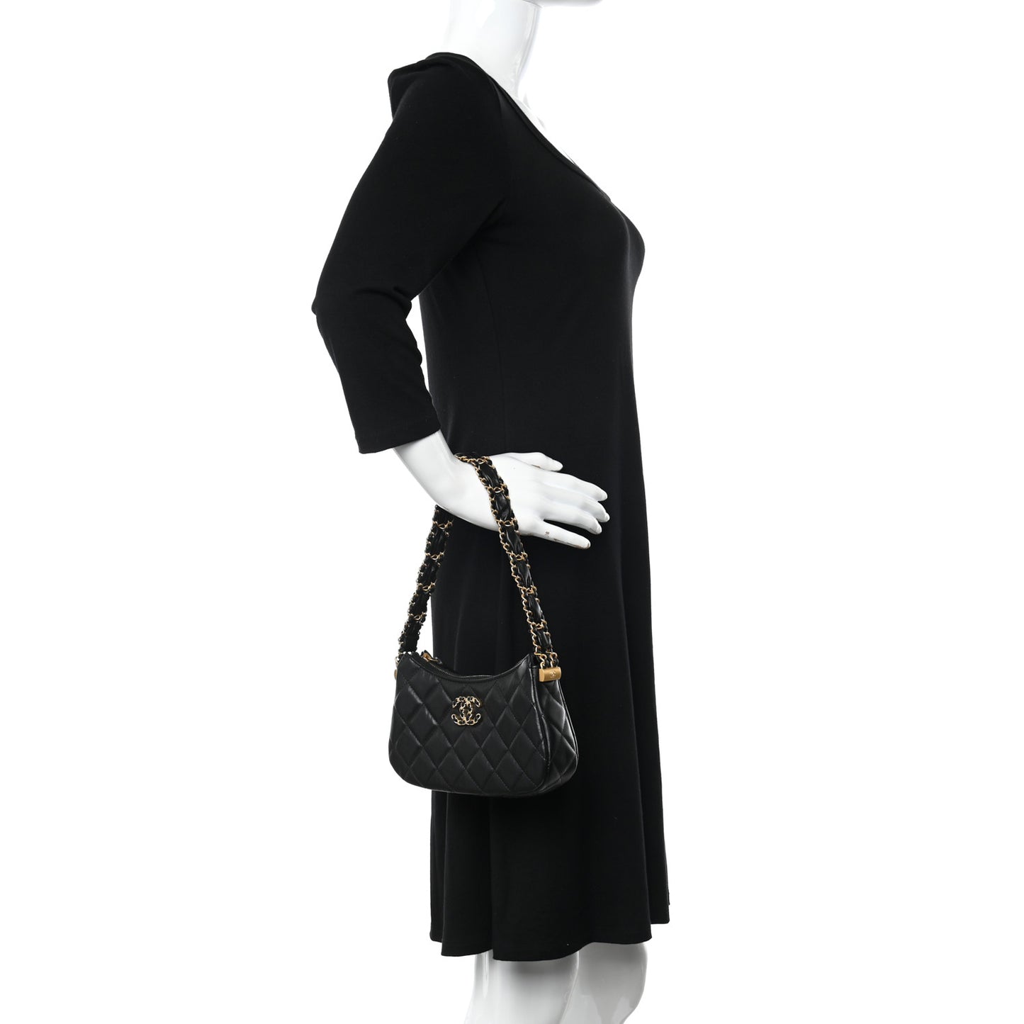Crumpled Calfskin Quilted Braided CC Small Hobo Black