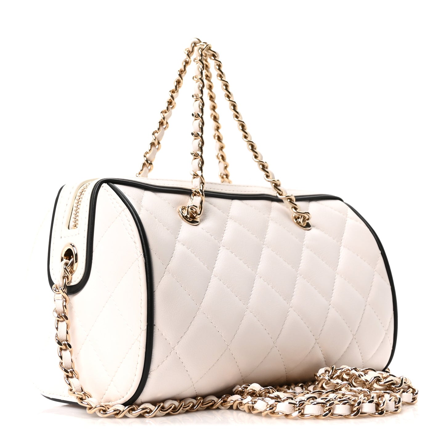 Lambskin Quilted Barrel Clutch With Chain White