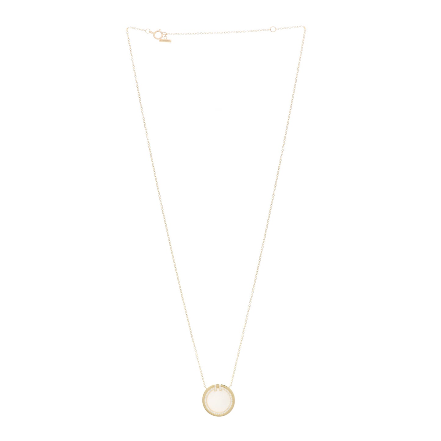 18K Yellow Gold Diamond Mother of Pearl T Circle Pendant Necklace