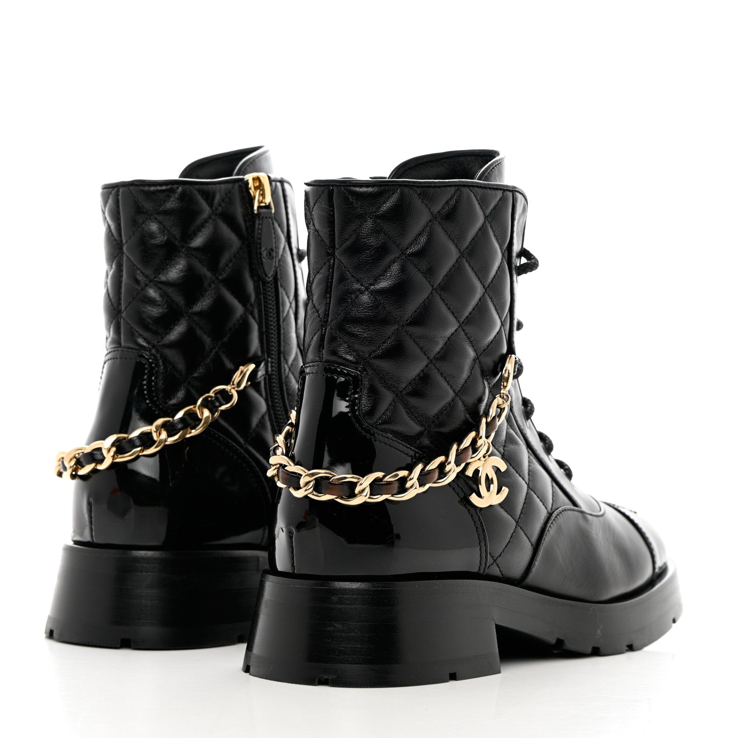 Chanel Shiny Calfskin Patent Quilted Chain Lace Up Combat Boots 36.5 Black 4 of 10