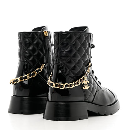 Chanel Shiny Calfskin Patent Quilted Chain Lace Up Combat Boots 36.5 Black 4 of 10