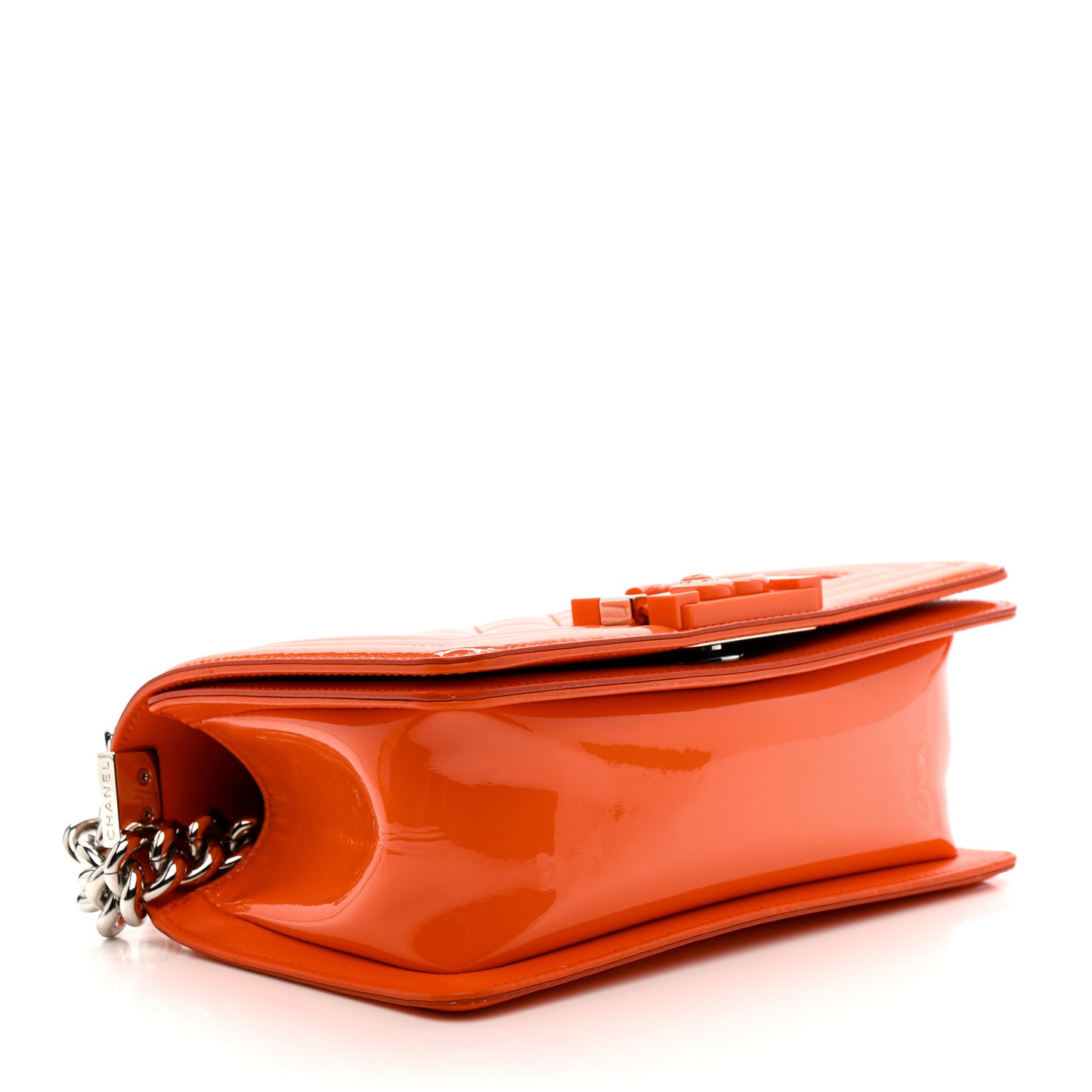 Patent Calfskin Quilted Small Plexiglass Boy Flap Orange