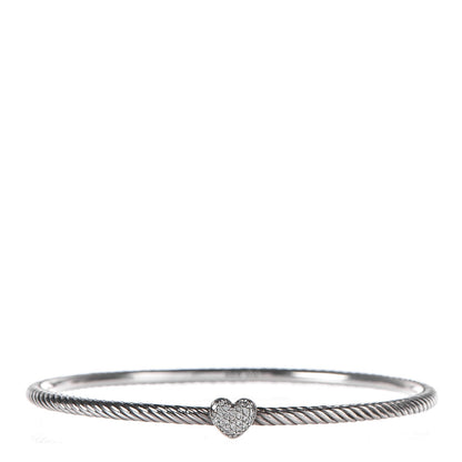 David Yurman Sterling Silver Diamond 3mm Heart Cable Bangle 1 of 5