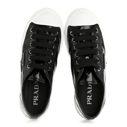 Prada Patent Naplak Triangle Logo Womens Low Top Sneakers 38 Black White 2 of 9