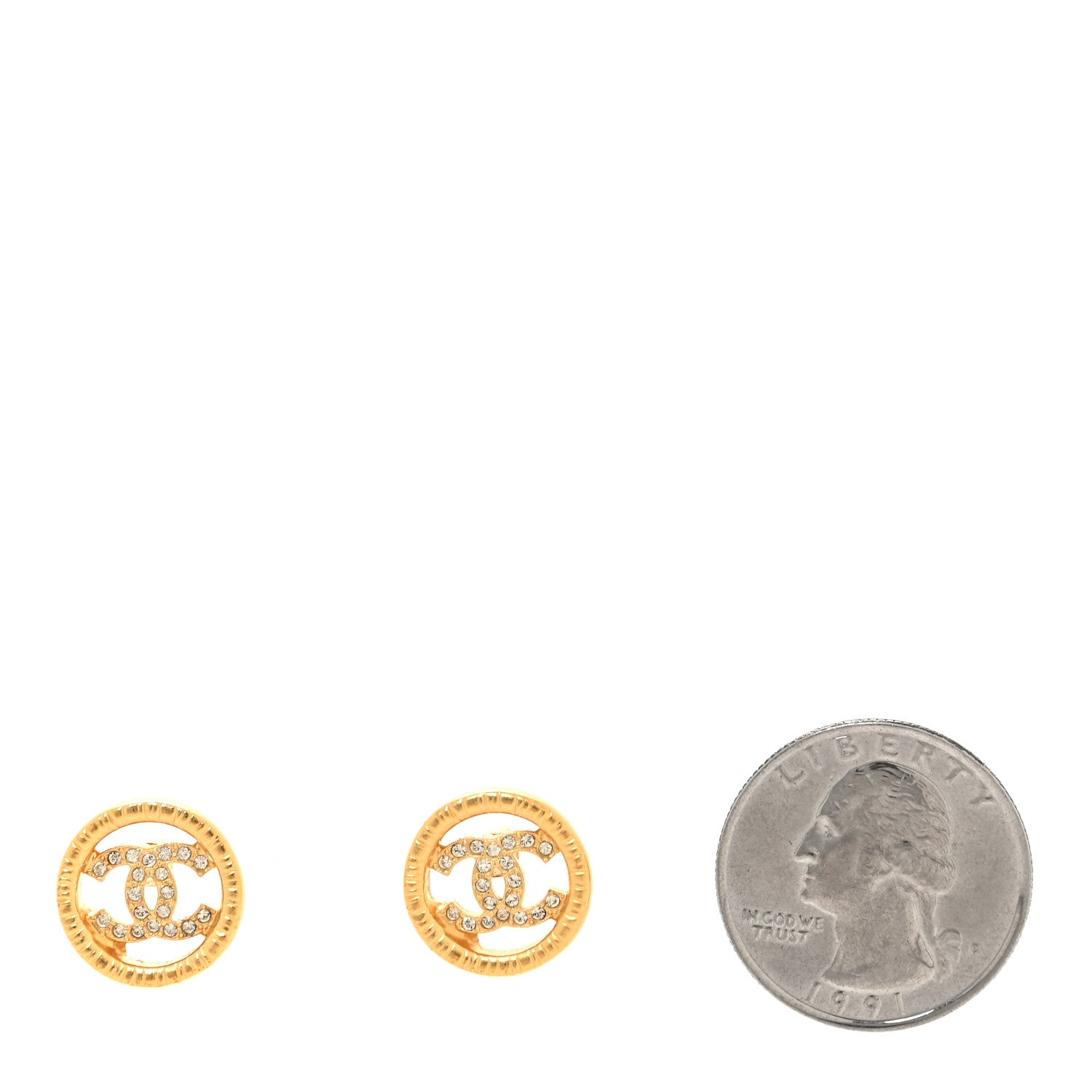 Chanel Metal Crystal Textured CC Round Earrings Gold 2 of 4