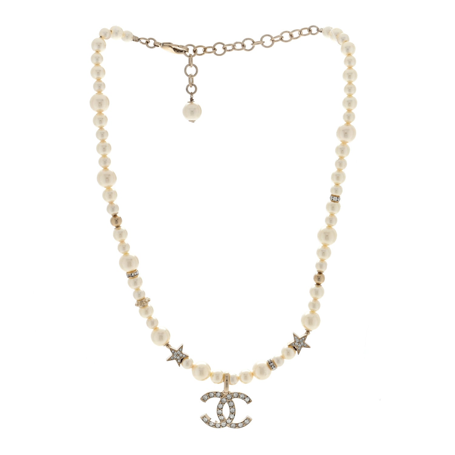 Chanel Metal Crystal Pearl CC Star Short Pendant Necklace Gold 2 of 3