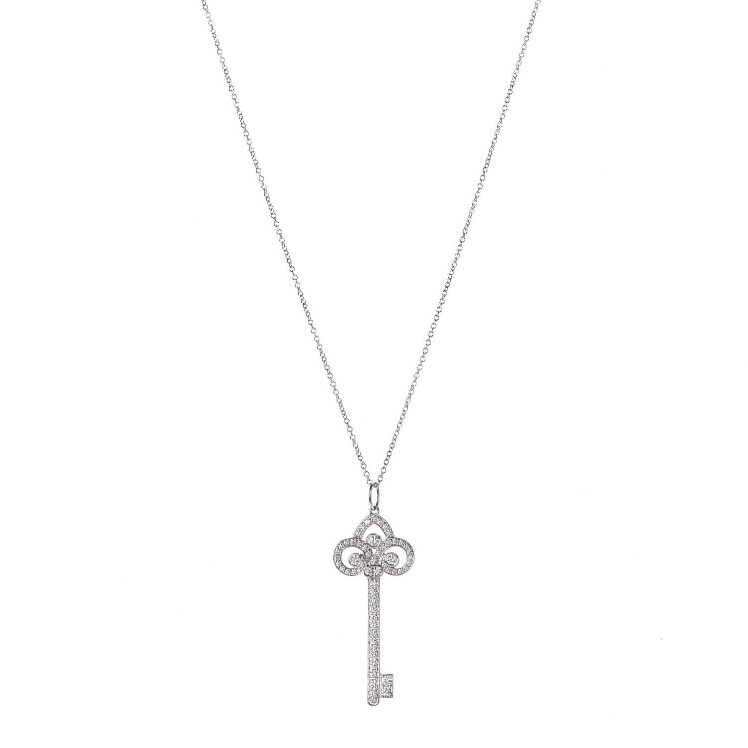 Tiffany Platinum Diamond .41ct Fleur De Lis Key Pendant Necklace 1 of 8