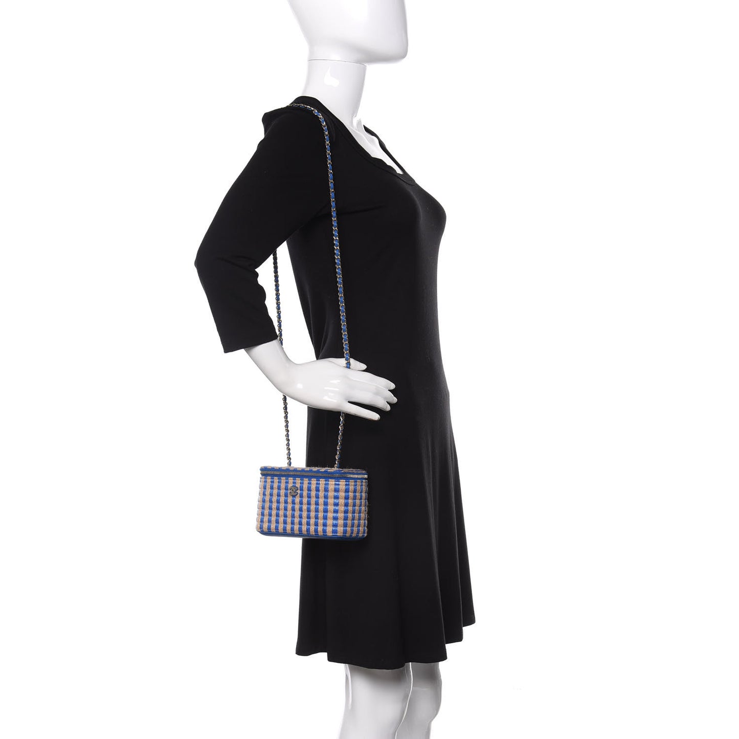 Raffia Jute Striped Small Vanity Case With Chain Blue Beige
