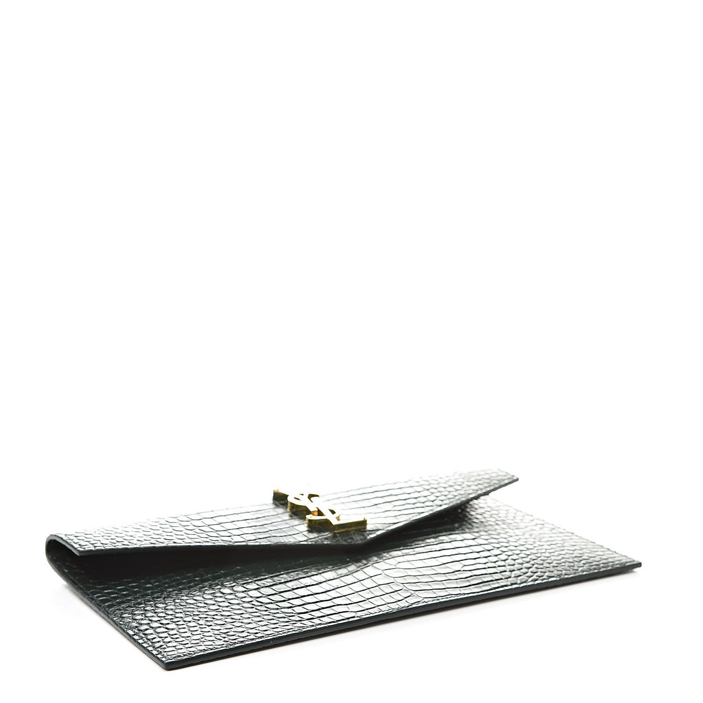 Calfskin Crocodile Embossed Uptown Monogram Clutch Dark Green