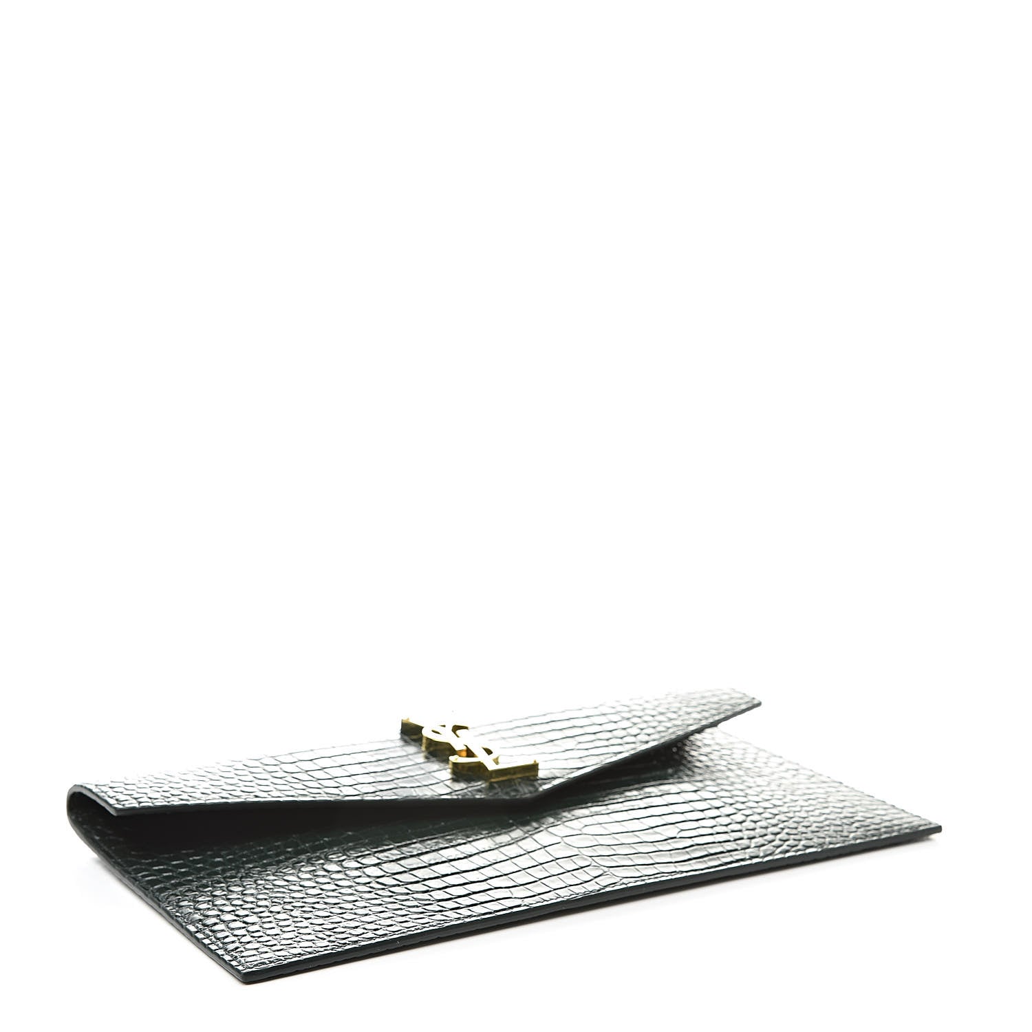 Saint Laurent Calfskin Crocodile Embossed Uptown Monogram Clutch Dark Green 4 of 8