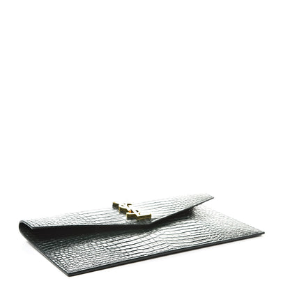 Saint Laurent Calfskin Crocodile Embossed Uptown Monogram Clutch Dark Green 4 of 8
