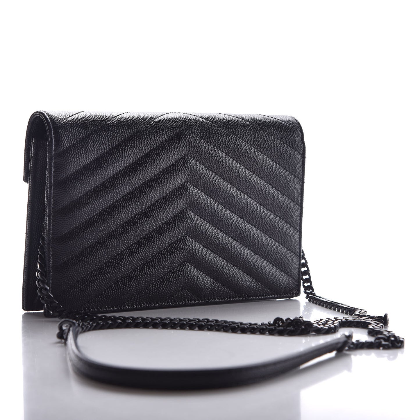 Grain De Poudre Matelasse Chevron Monogram Envelope Chain Wallet Black