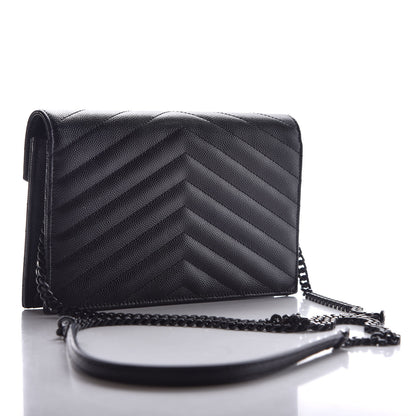 Saint Laurent Grain De Poudre Matelasse Chevron Monogram Envelope Chain Wallet Black 3 of 9