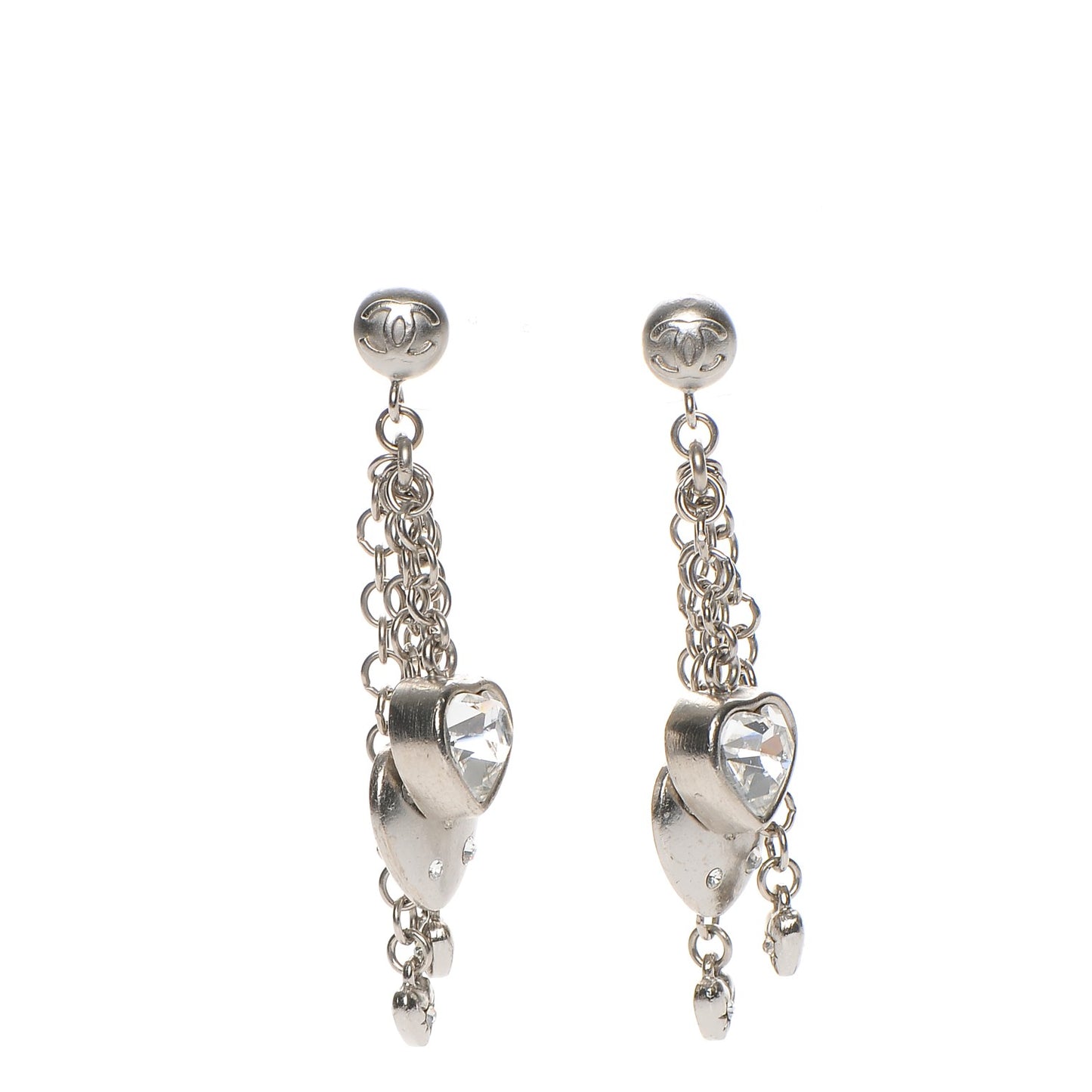 Crystal CC Hearts Dangle Earrings Silver