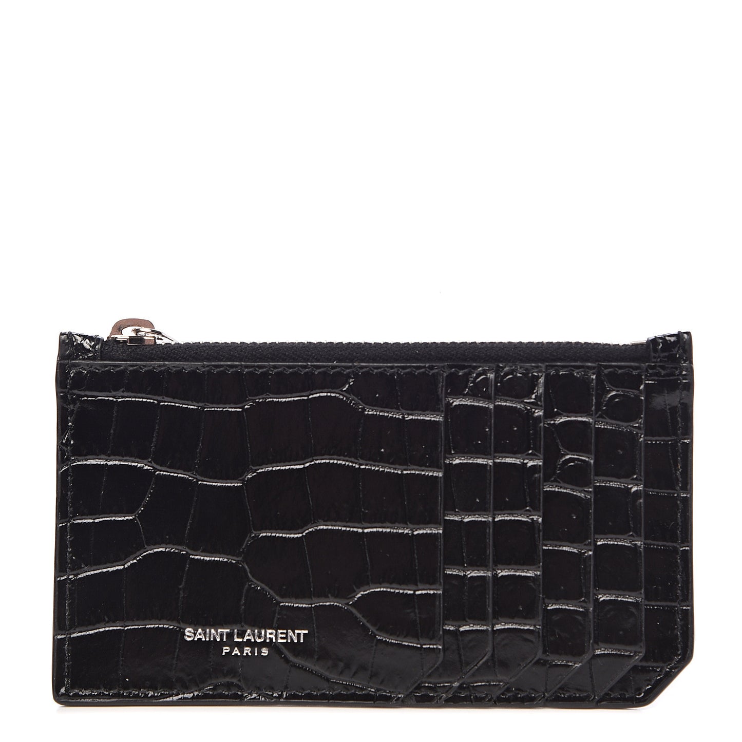 Calfskin Crocodile Embossed 5 Fragments Zip Pouch Card Holder Black
