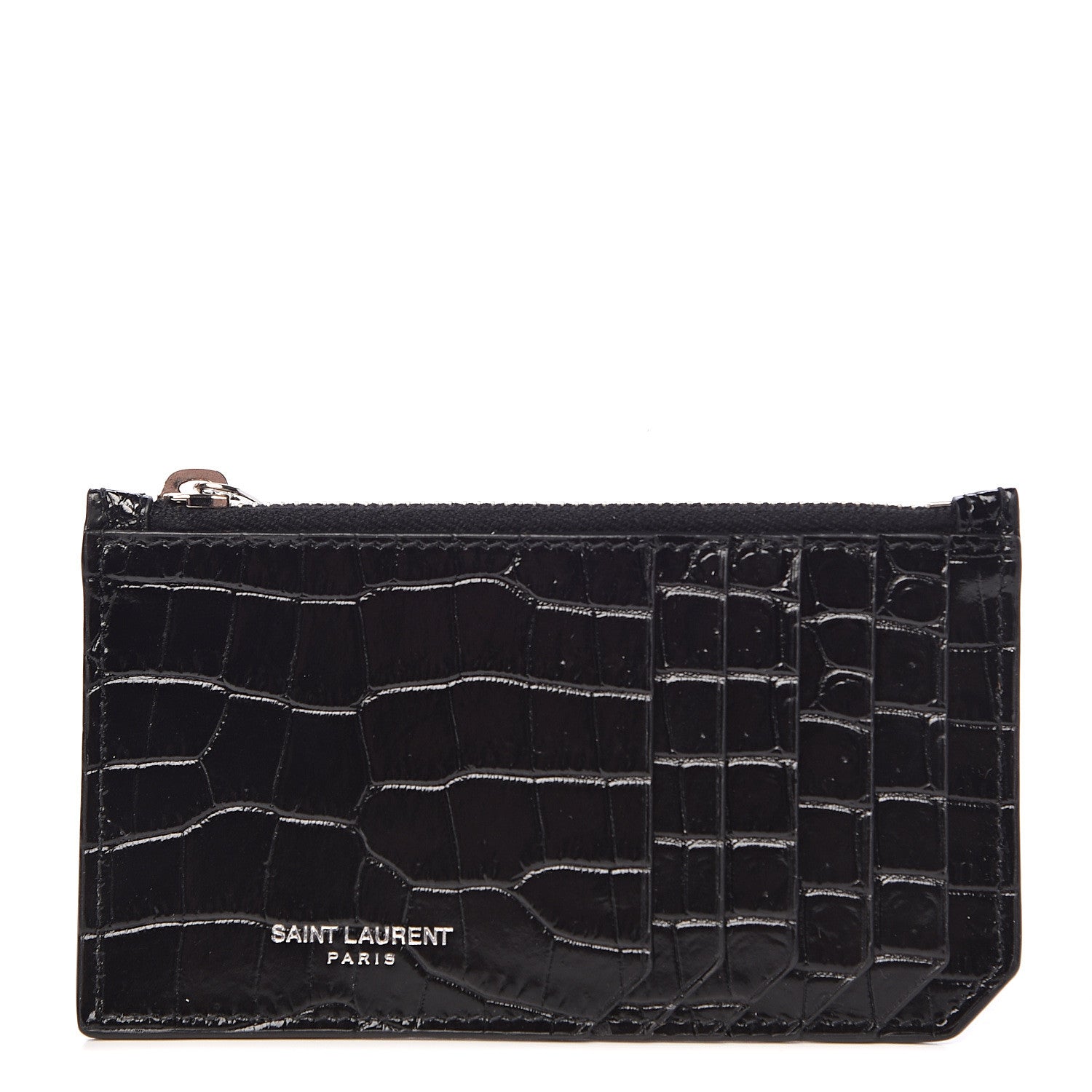Saint Laurent Calfskin Crocodile Embossed 5 Fragments Zip Pouch Card Holder Black 1 of 8