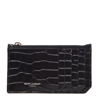 Saint Laurent Calfskin Crocodile Embossed 5 Fragments Zip Pouch Card Holder Black 1 of 8