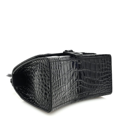 Balenciaga Shiny Calfskin Monochrome Crocodile Embossed Small Hourglass Top Handle Bag Black 4 of 10