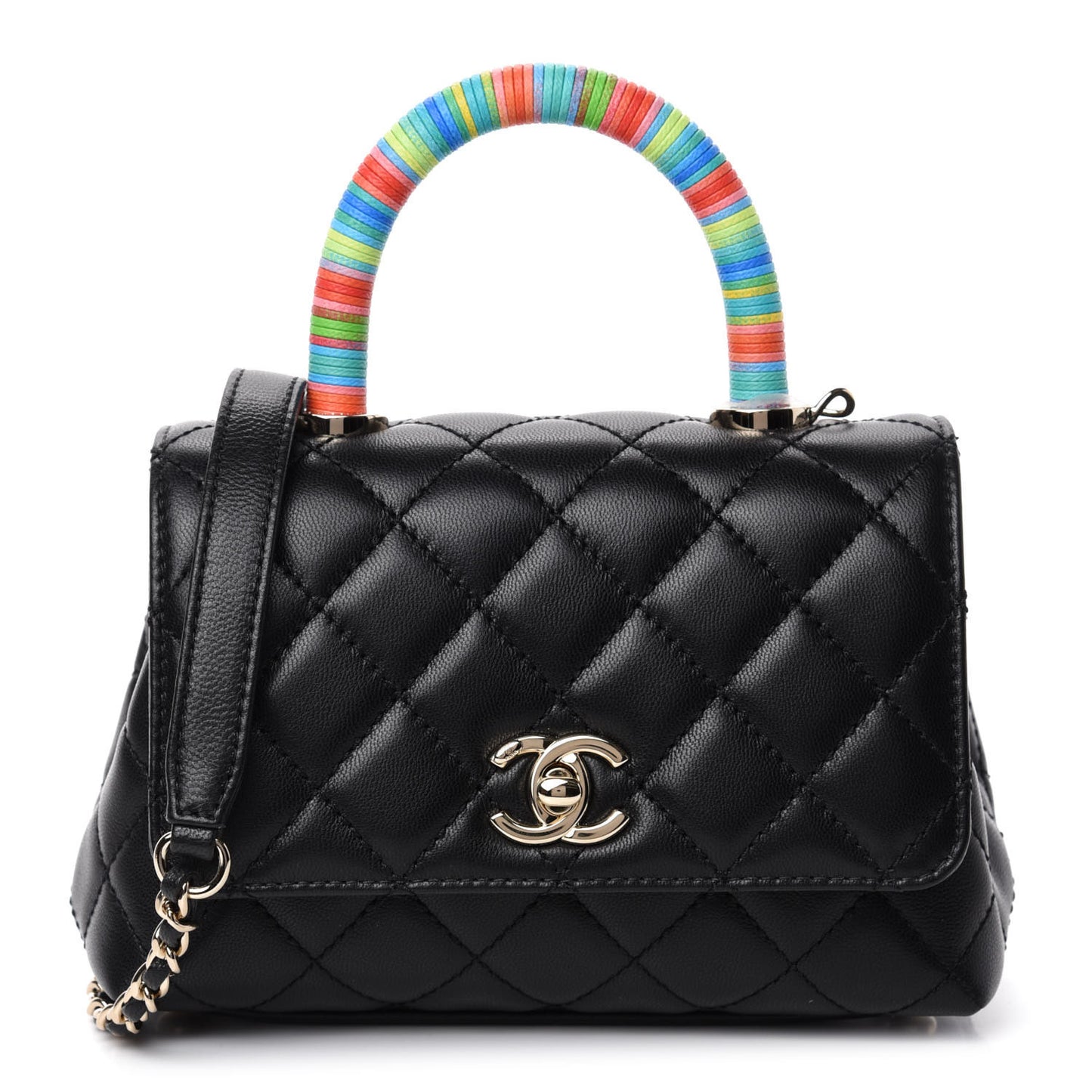 Goatskin Quilted Rainbow Extra Mini Coco Handle Flap Black