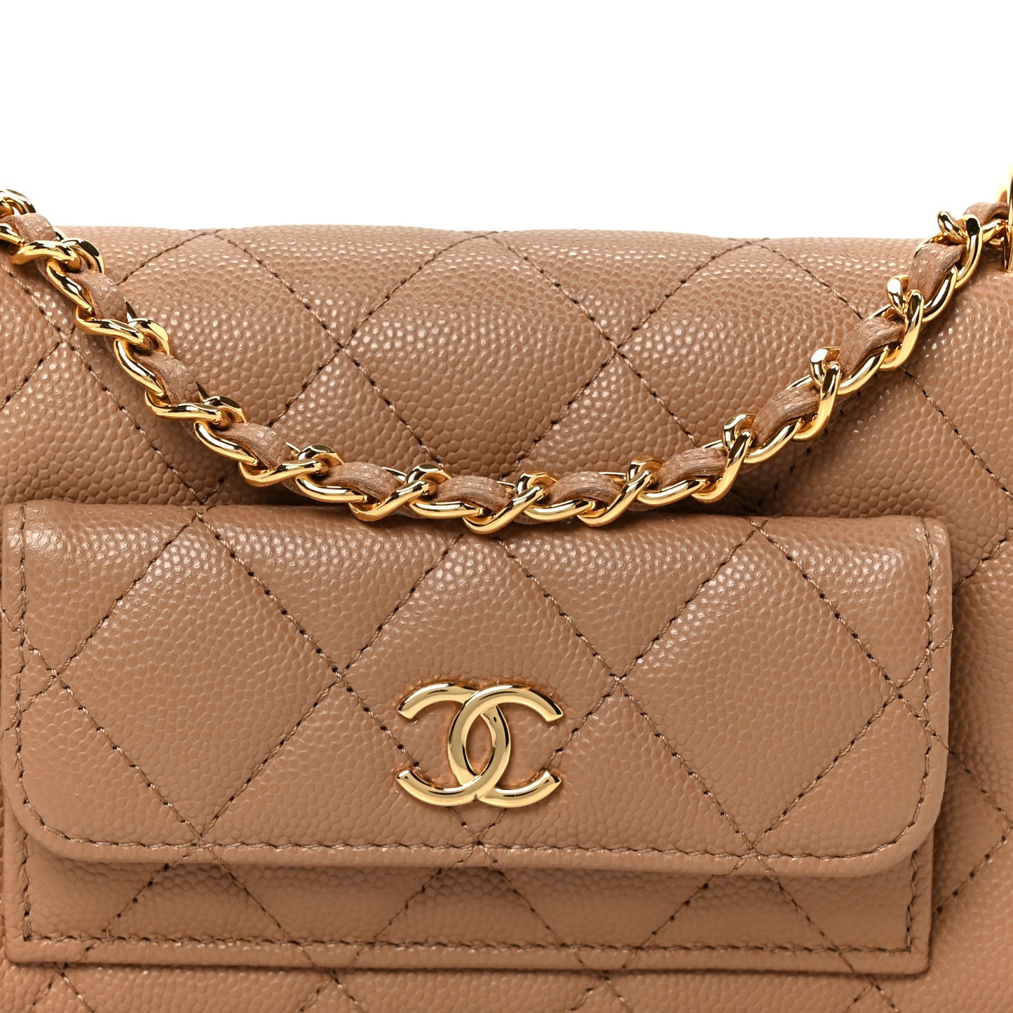 Caviar Quilted Pocket Twins Wallet On Chain WOC Beige