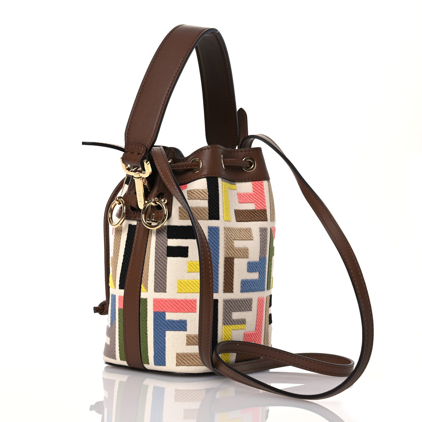 Kuban Canvas Vitello King F is Fendi FF Embroidered Mini Mon Tresor Bucket Bag Multicolor Cuoio