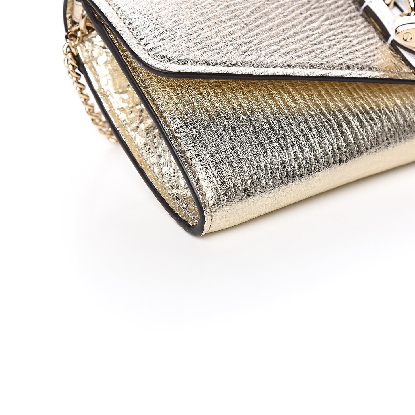 Metallic Textured Calfskin Aby Chain Wallet Gold