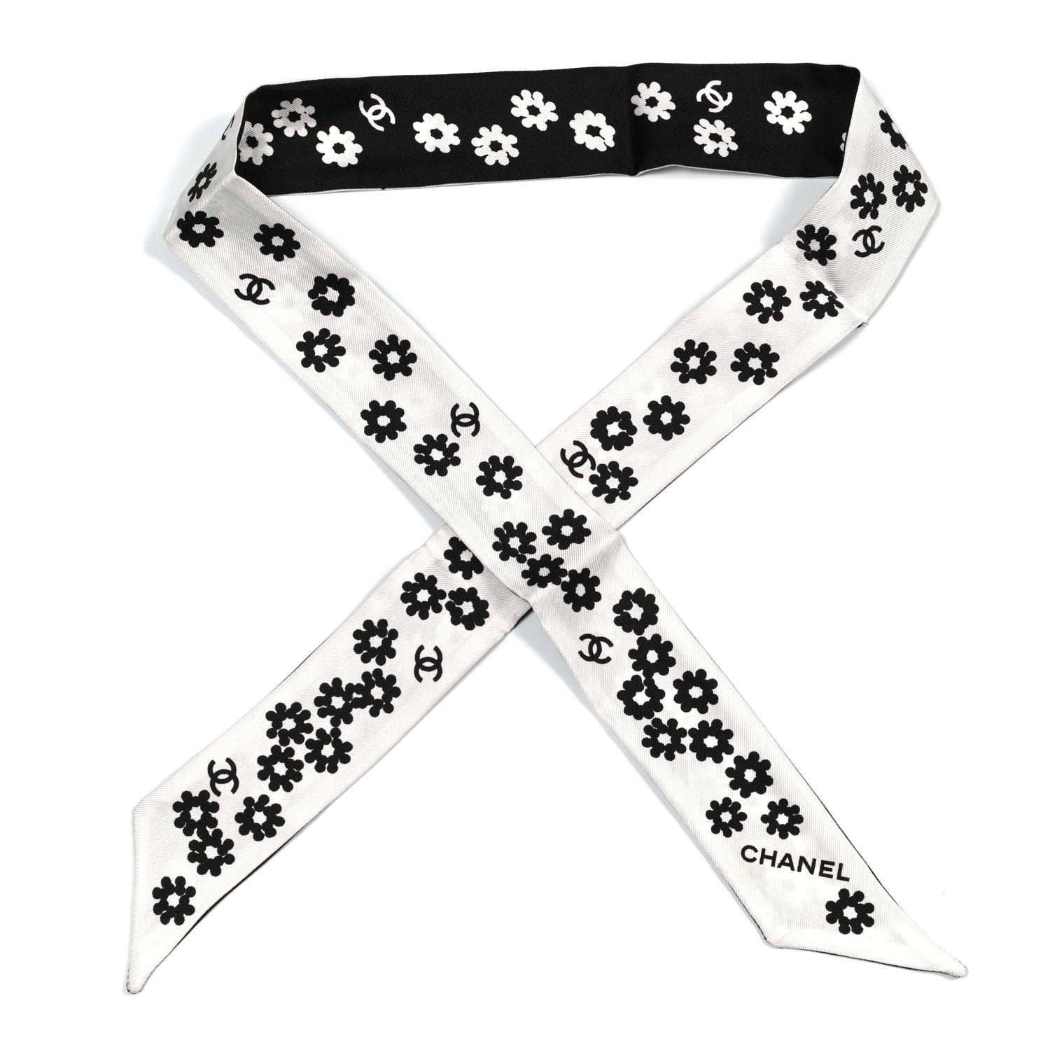 Chanel Silk Twill CC Flowers Slim Bandeau Scarf White Black 1 of 3