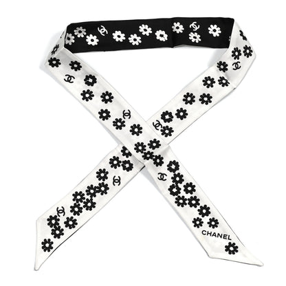 Chanel Silk Twill CC Flowers Slim Bandeau Scarf White Black 1 of 3
