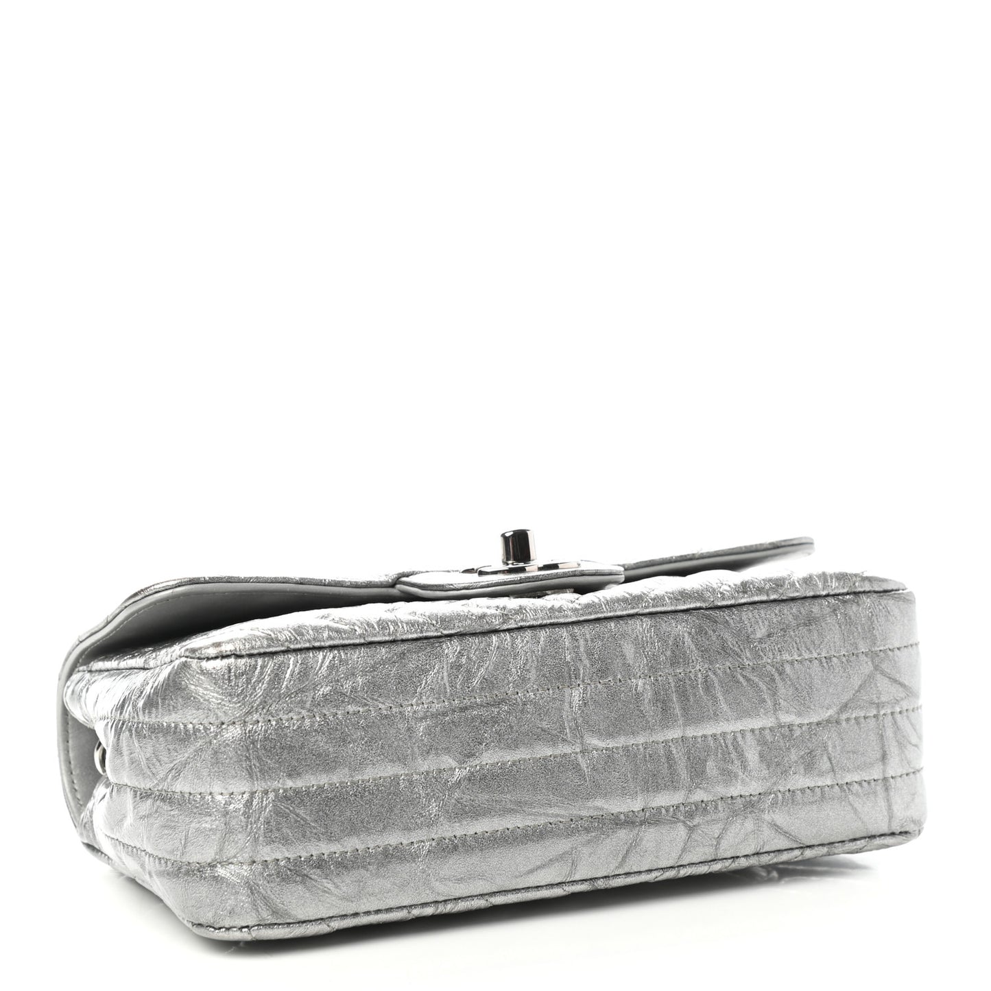 Patent Metallic Crumpled Calfskin Chevron Quilted Mini Rectangular Flap Silver