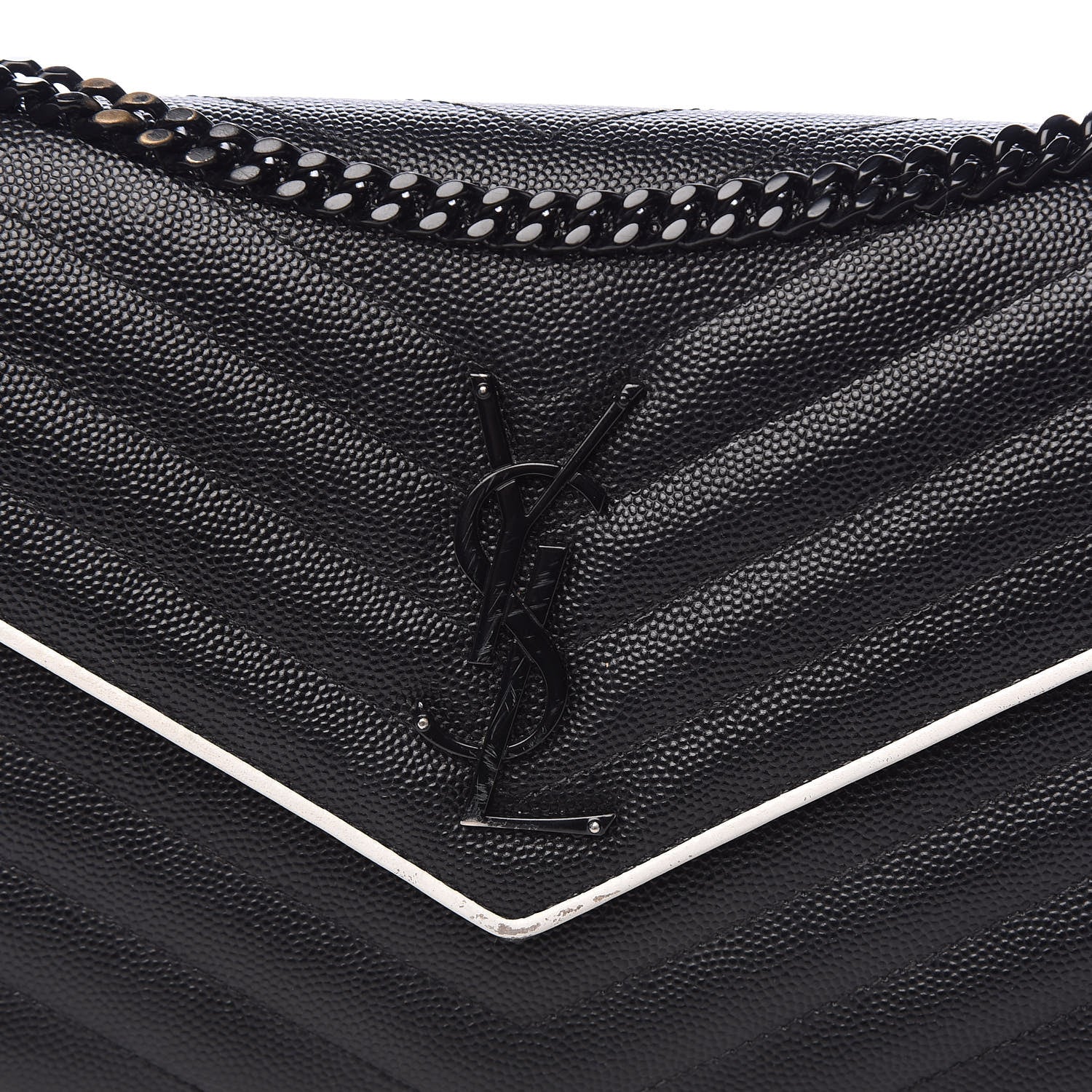 Saint Laurent Grain De Poudre Matelasse Chevron Monogram Chain Wallet Black White 10 of 16