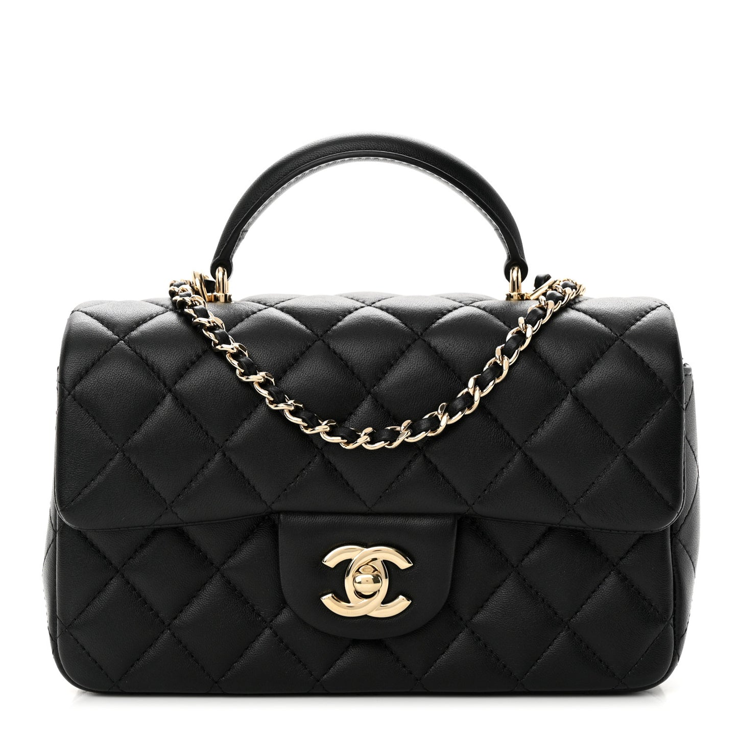 Lambskin Quilted Mini Top Handle Rectangular Flap Black