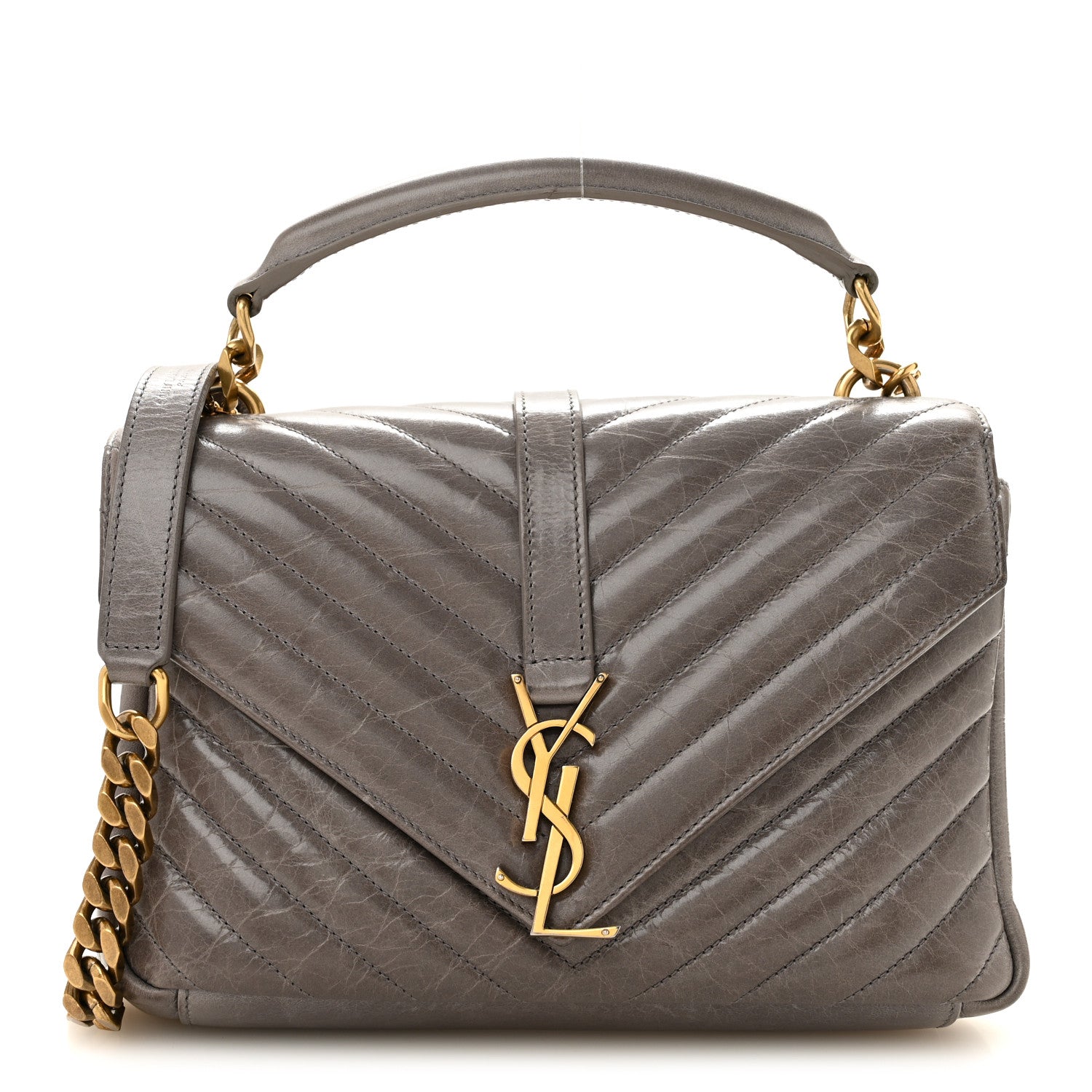Saint Laurent Waxed Calfskin Matelasse Chevron Medium Monogram College Bag Fog Gray 1 of 14