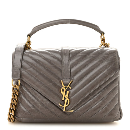 Saint Laurent Waxed Calfskin Matelasse Chevron Medium Monogram College Bag Fog Gray 1 of 14