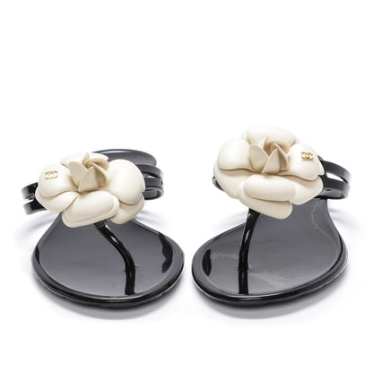 Chanel Jelly Camellia Thong Sandals 38 Black Ivory 2 of 7