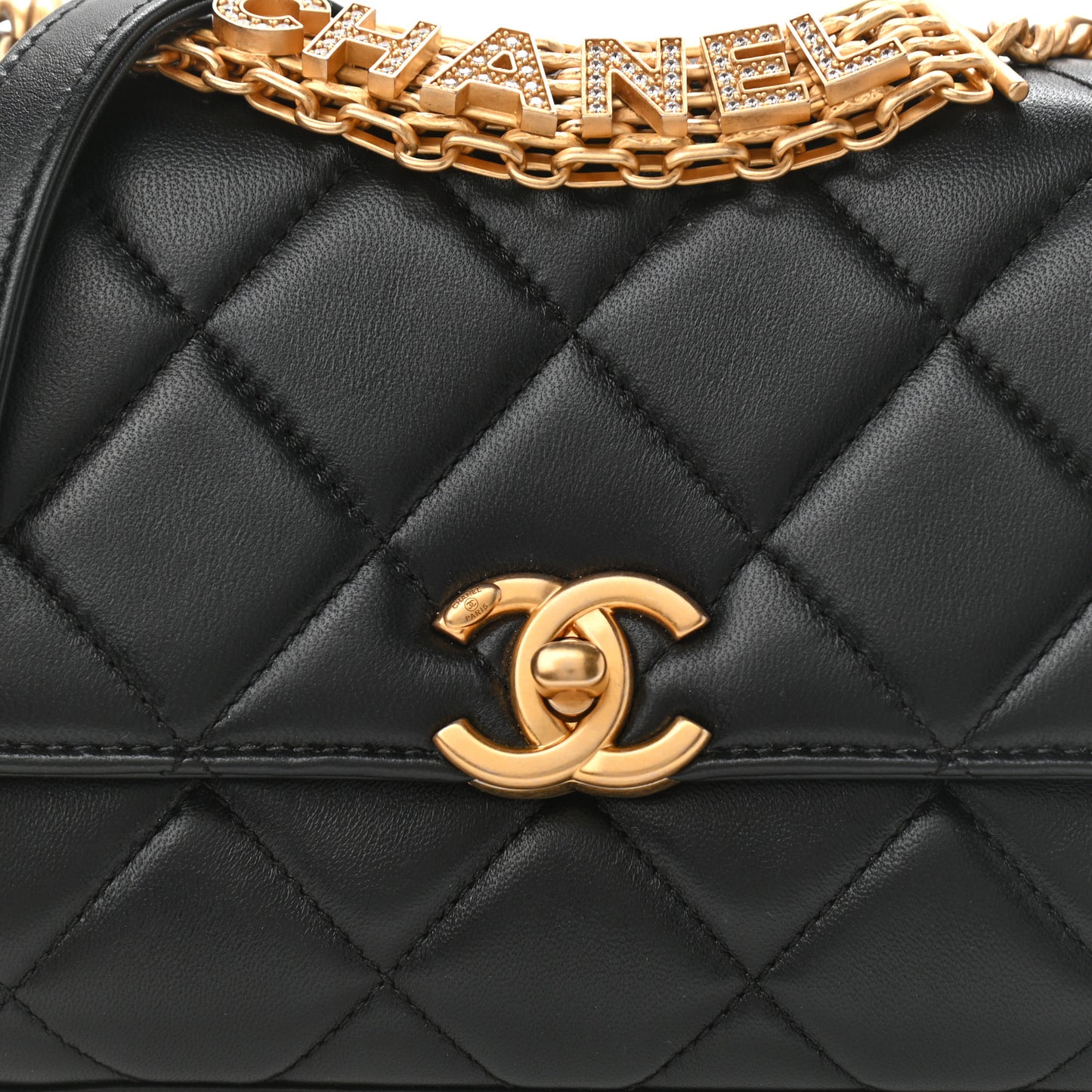 Lambskin Quilted Mini CC Crystal Logo Chain Flap Black