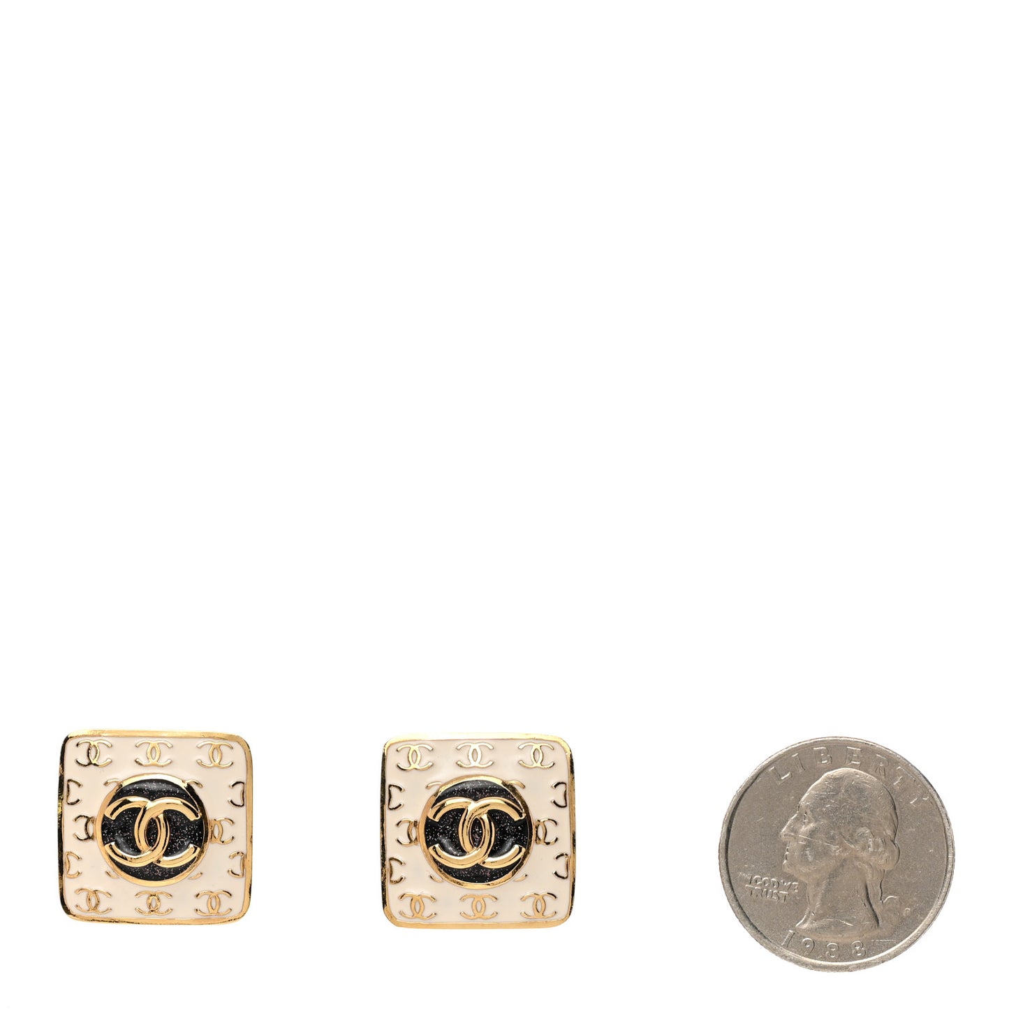 Metal Glitter Sparkle CC Square Earrings Gold White Black