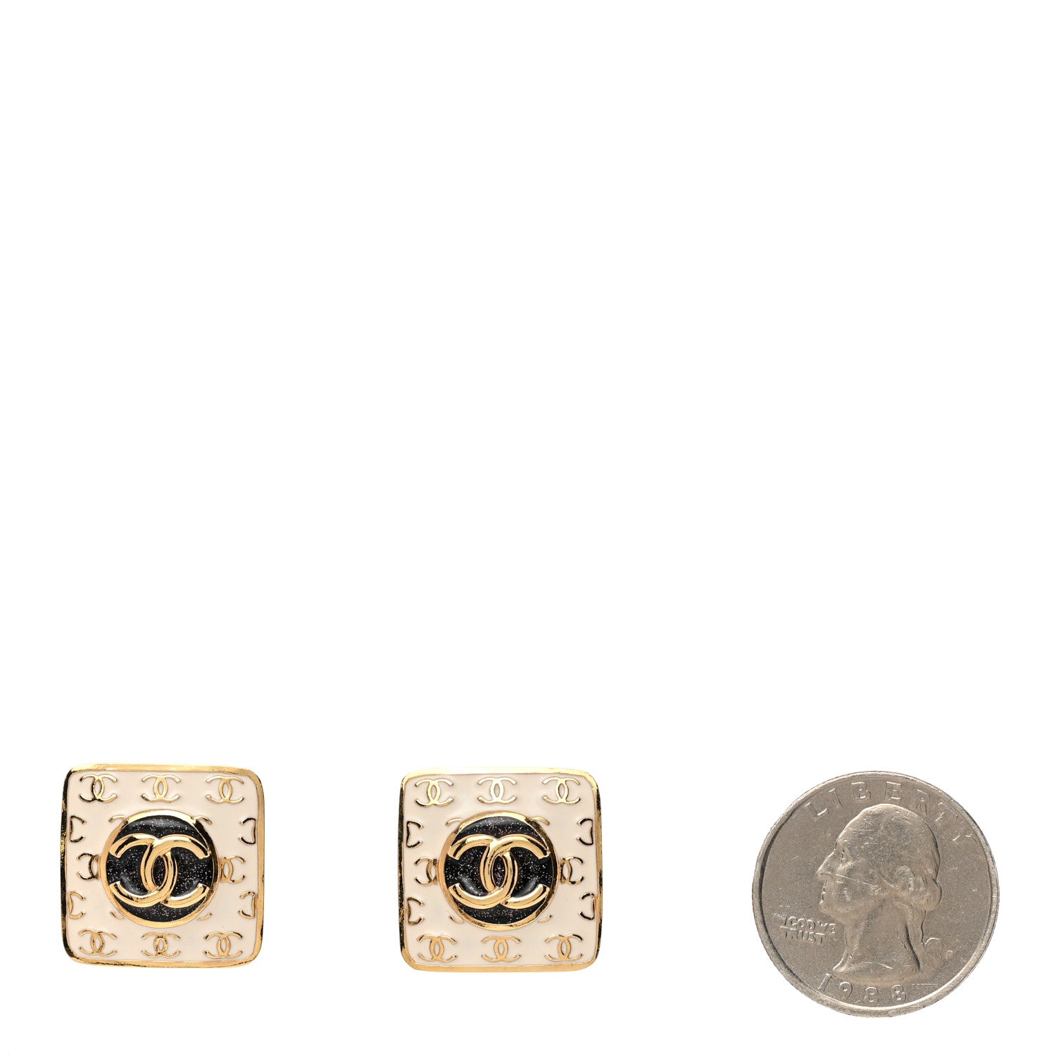 Chanel Metal Glitter Sparkle CC Square Earrings Gold White Black 2 of 5