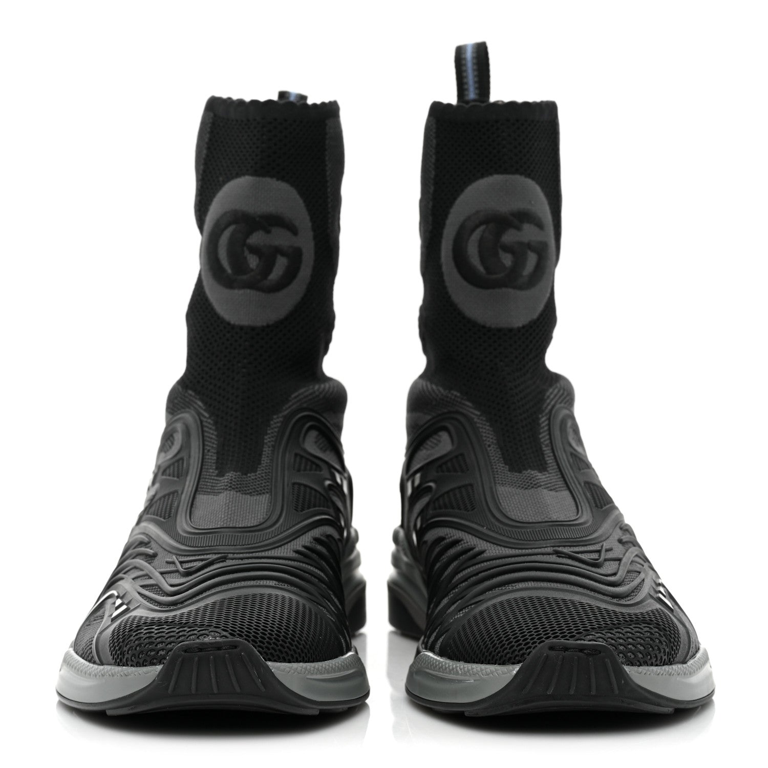 Gucci Rubber Technical Fabric Mens Ultrapace R Mid Top Sock Sneakers 8 Black Grey Silver Loess 2 of 8
