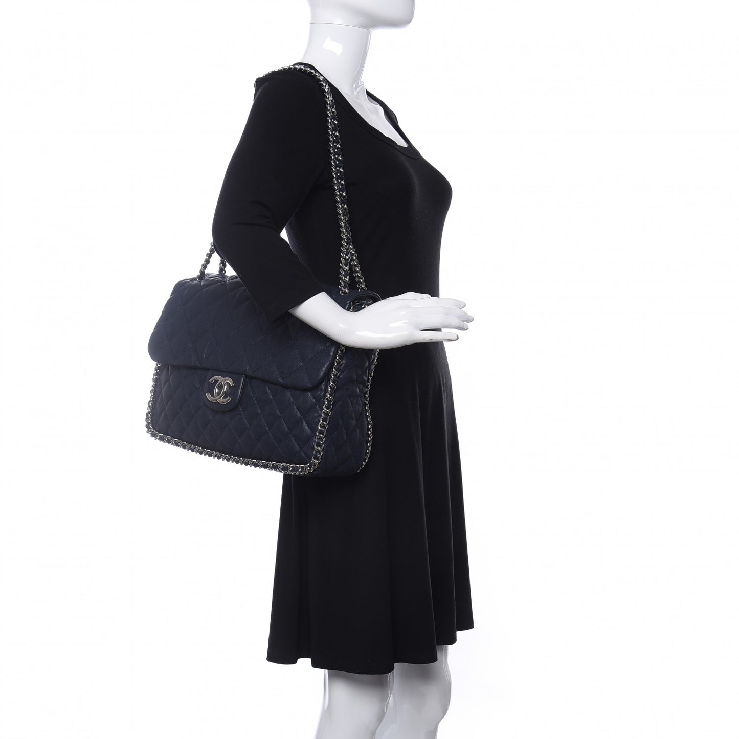 Washed Lambskin Quilted Chain Around Maxi Flap Dark Navy Blue
