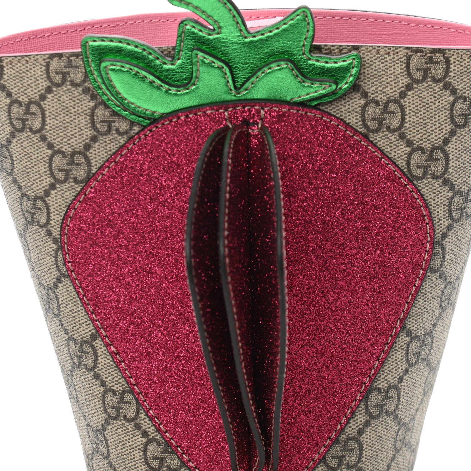 Gucci GG Supreme Monogram 3-D Strawberry Childrens Bucket Tote Beige Ebony Lotus Pink Fuxia Emerald 7 of 10