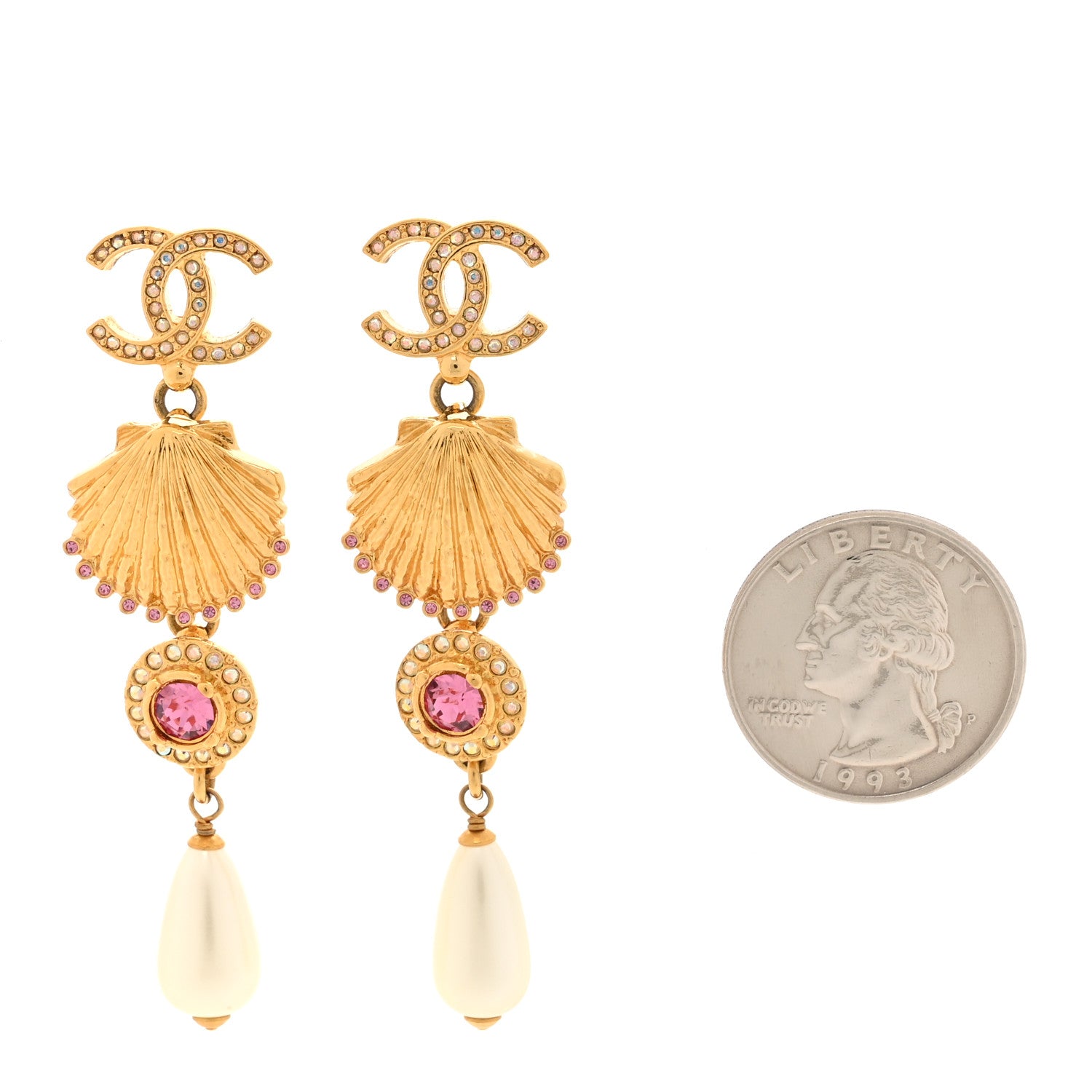 Chanel Metal Crystal Pearl CC Drop Earrings Gold Pink White 2 of 5