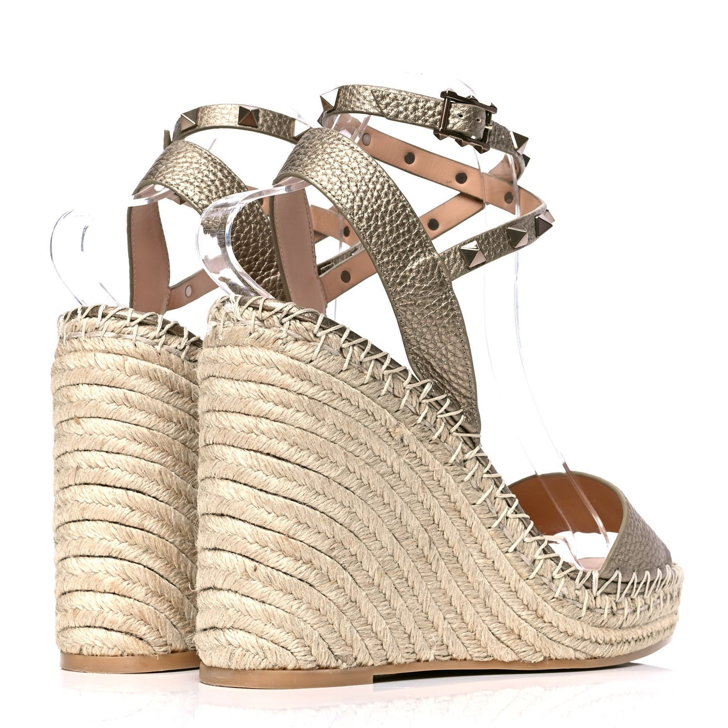 Metallic Grained Calfskin Rockstud Crisscross Ankle Strap Espadrille Wedge Sandals 40 Skin Natural