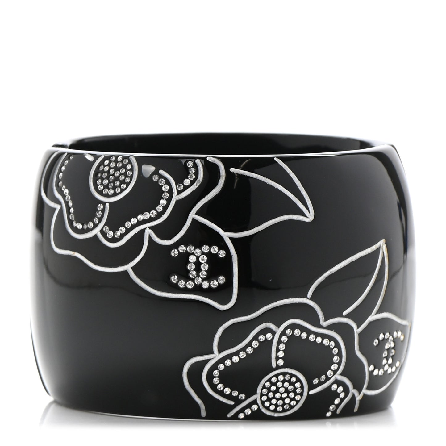 Resin Crystal Camellia CC Cuff Bracelet Black Silver
