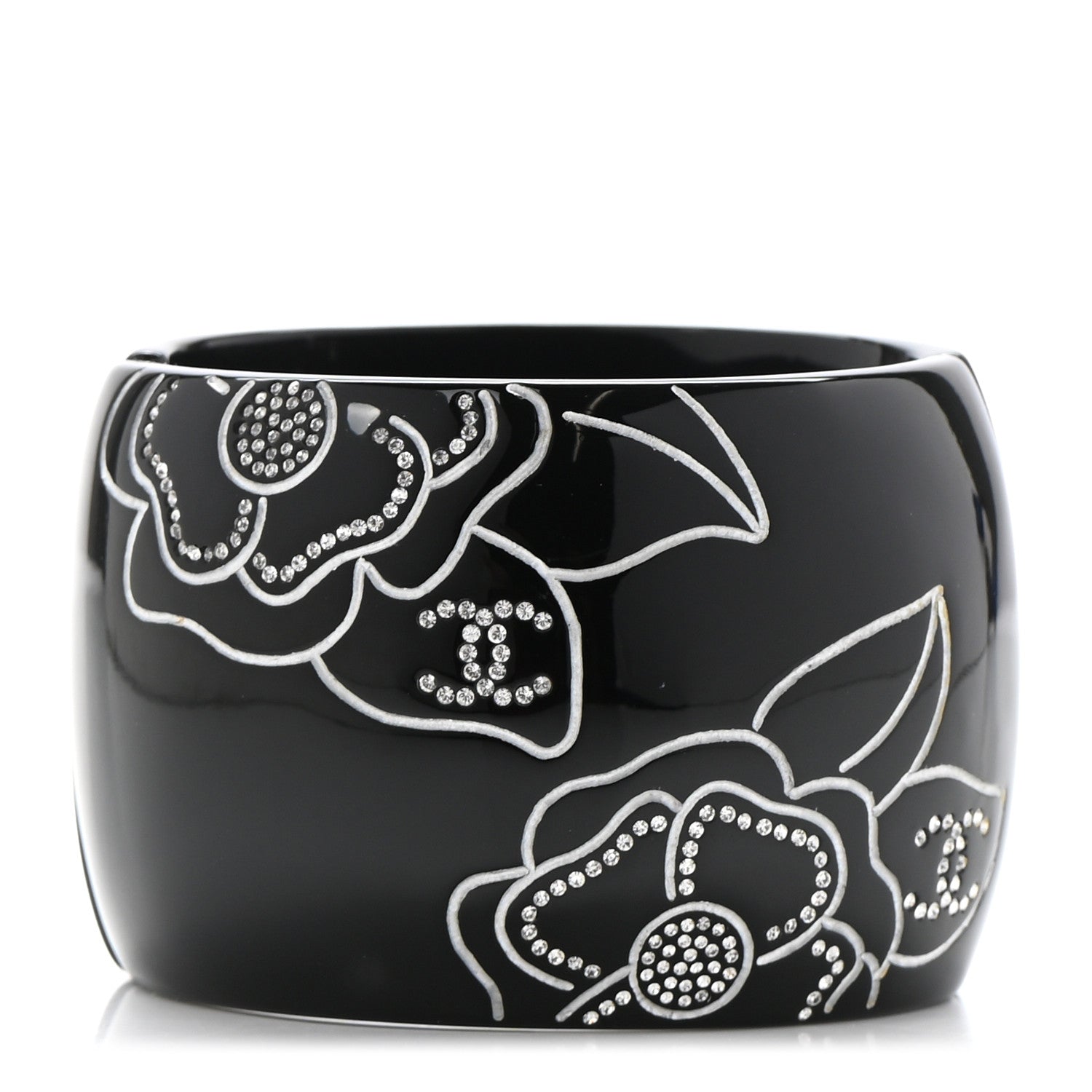 Chanel Resin Crystal Camellia CC Cuff Bracelet Black Silver 3 of 4