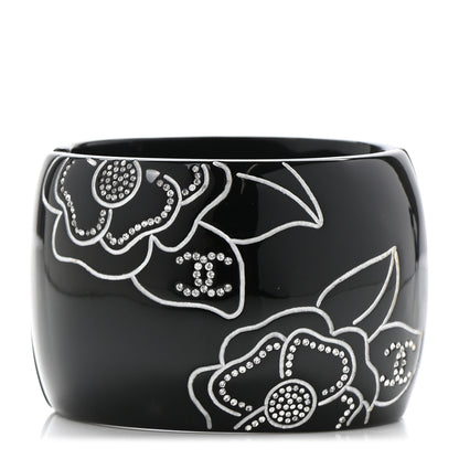 Chanel Resin Crystal Camellia CC Cuff Bracelet Black Silver 3 of 4