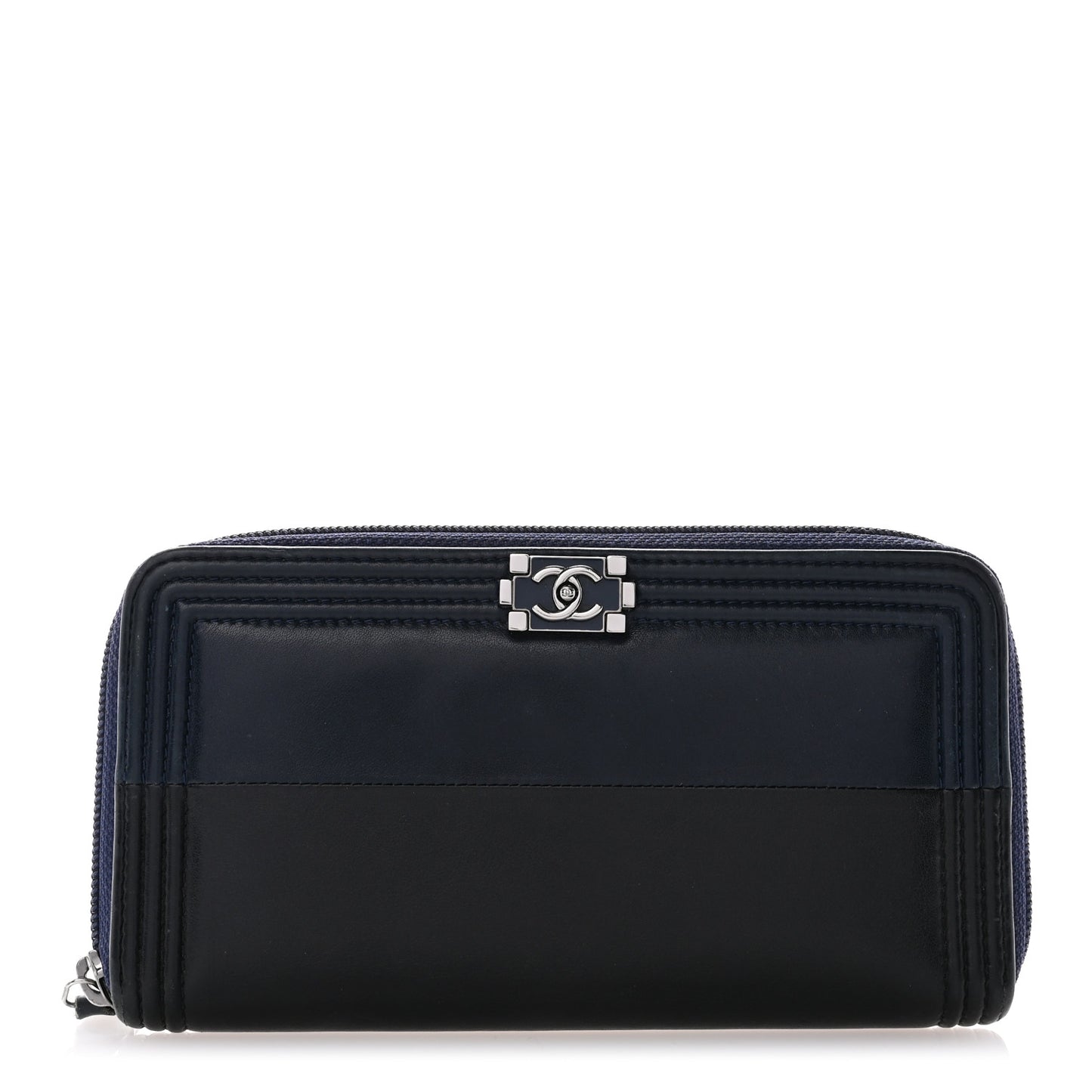 Calfskin Large Bi-Color Zip Around Boy Wallet Black Navy