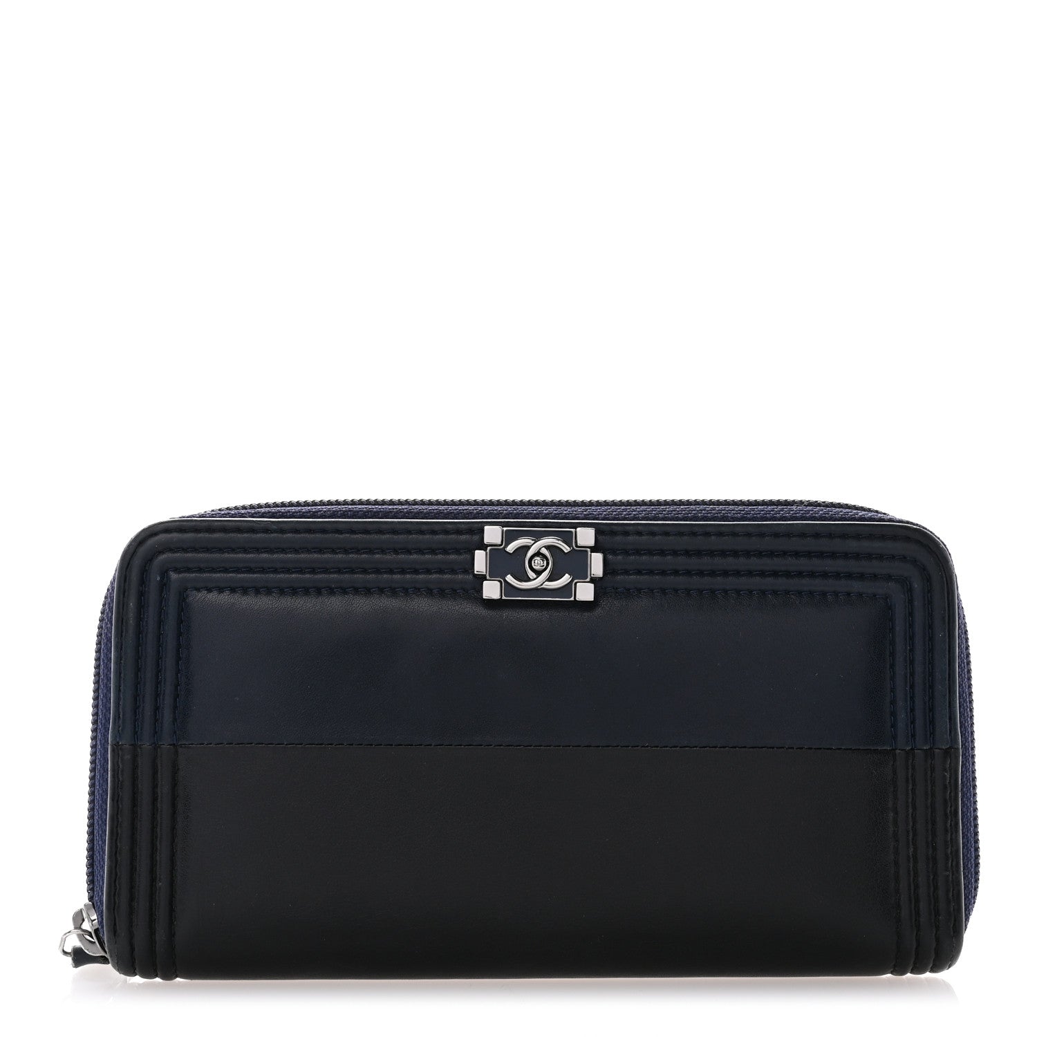 Chanel Calfskin Large Bi-Color Zip Around Boy Wallet Black Navy 1 of 11