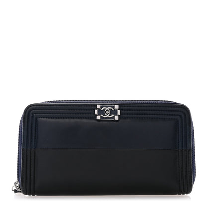 Chanel Calfskin Large Bi-Color Zip Around Boy Wallet Black Navy 1 of 11