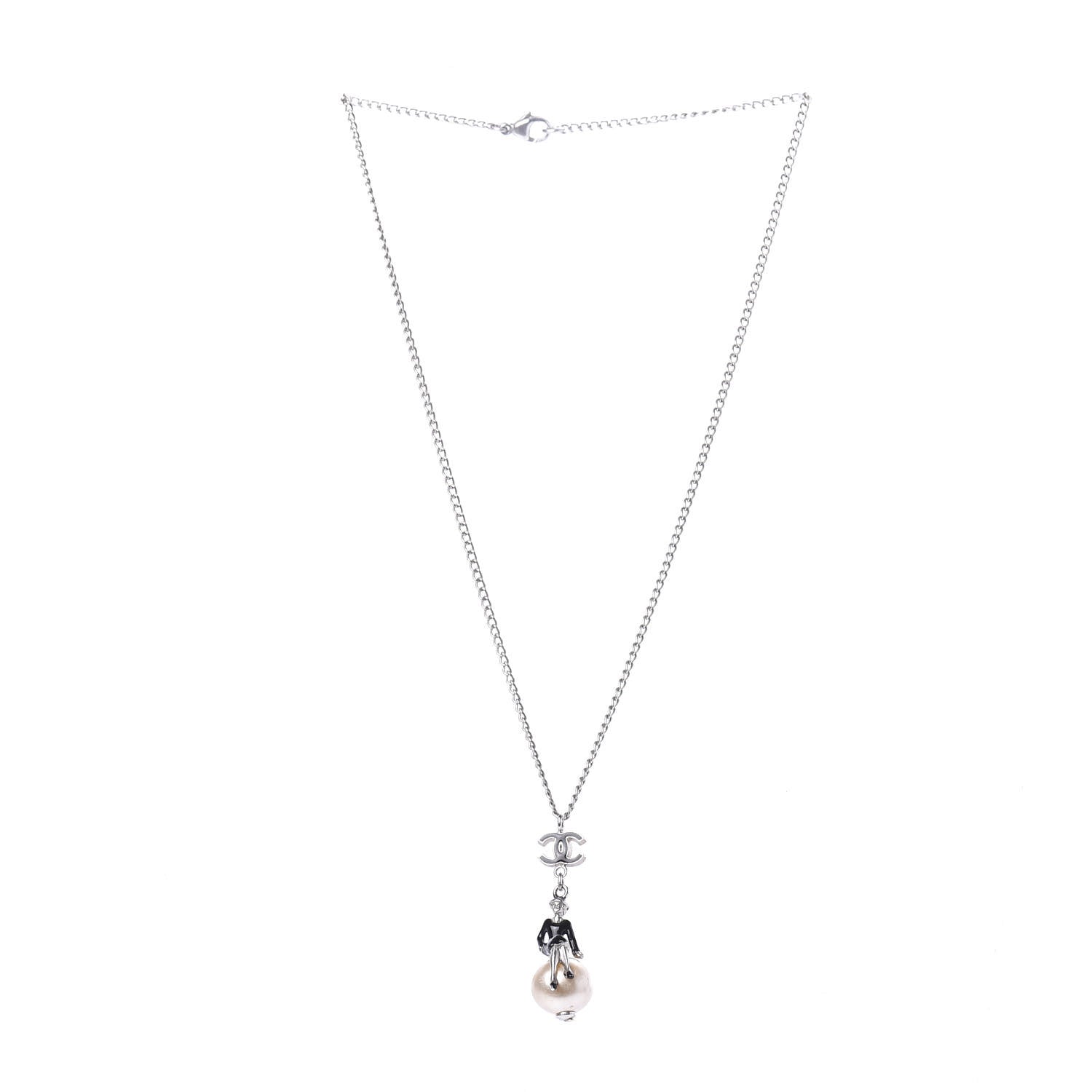 Chanel Enamel Pearl Coco Over The Moon Pendant Necklace Black Silver 3 of 5