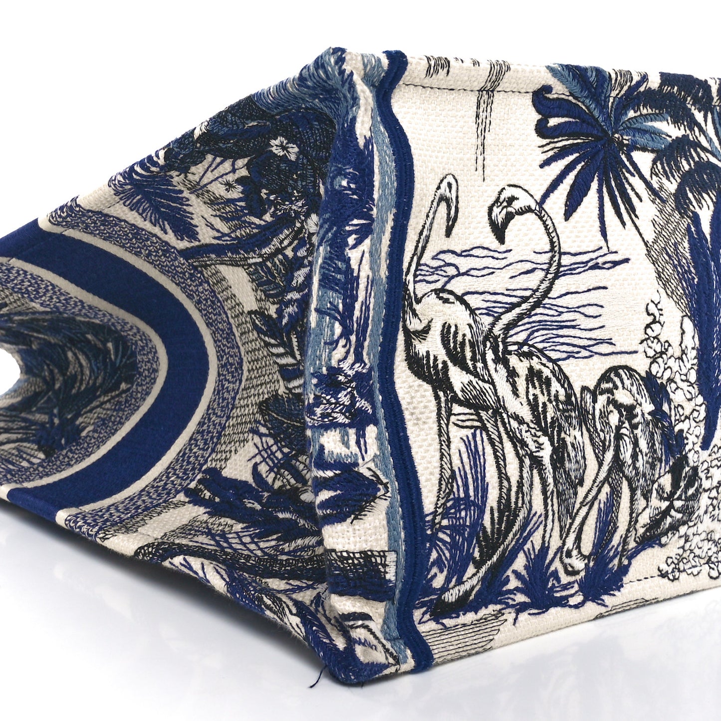 Canvas Embroidered Large Palm Tree Toile De Jouy Book Tote Blue